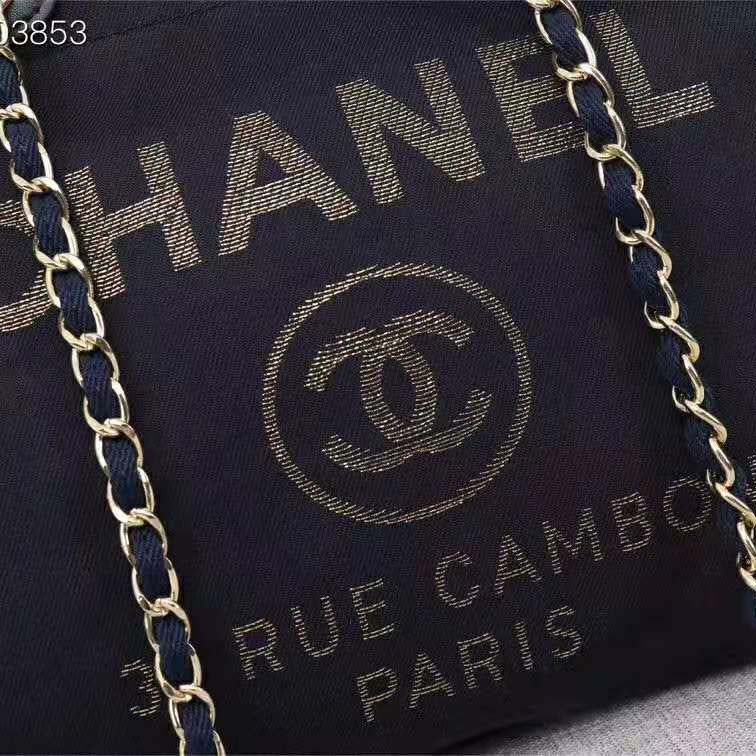 Chanel Women Large Shopping Bag in Mixed Fibers and Lurex Canvas-Navy