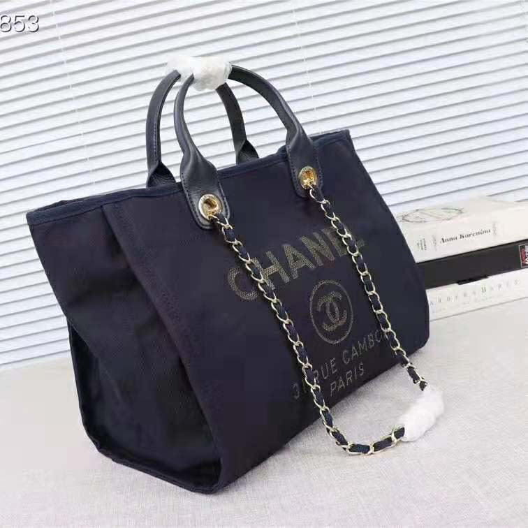 Chanel Women Large Shopping Bag in Mixed Fibers and Lurex Canvas-Navy