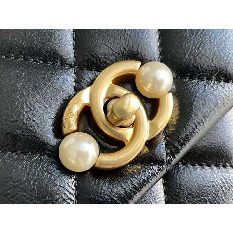Chanel Women Mini Flap Bag Calfskin Imitation Pearls Gold-Tone Metal Black