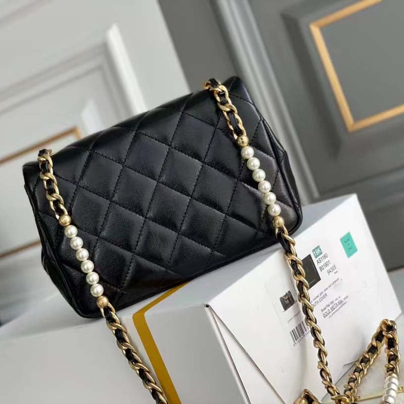 Chanel Women Mini Flap Bag Calfskin Imitation Pearls Gold-Tone Metal Black