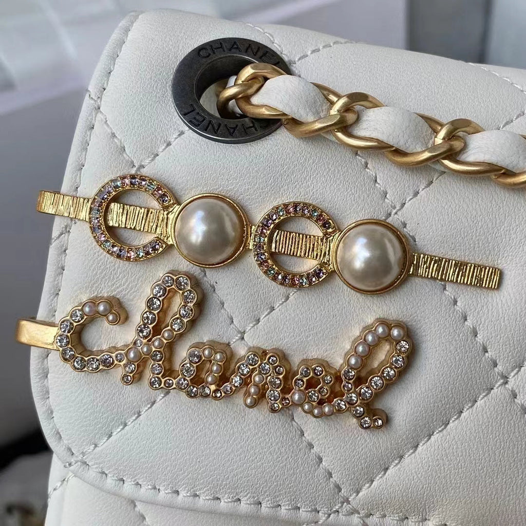 Chanel Women Mini Flap Bag Lambskin Glass Imitation Pearls Strass Gold Silver