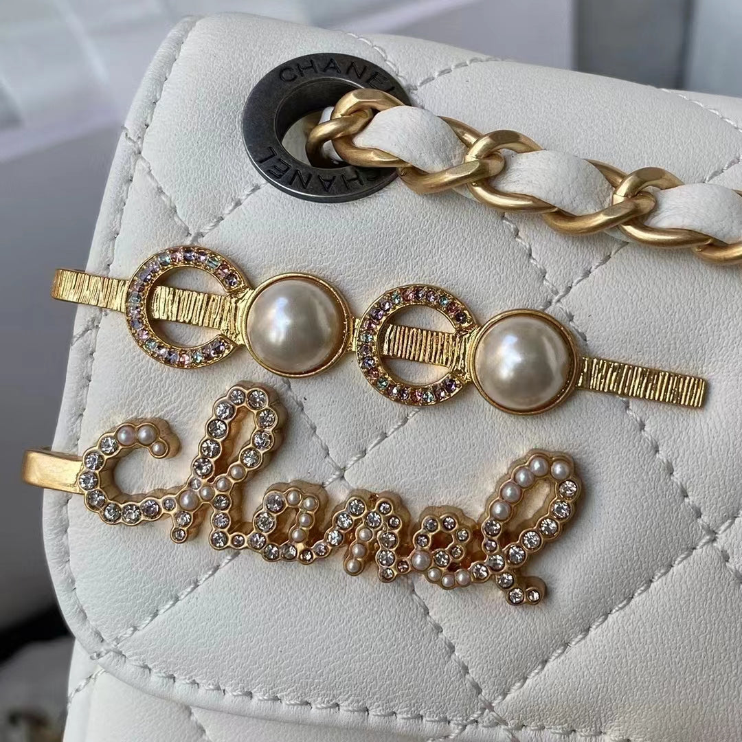 Chanel Women Mini Flap Bag Lambskin Glass Imitation Pearls Strass Gold Silver