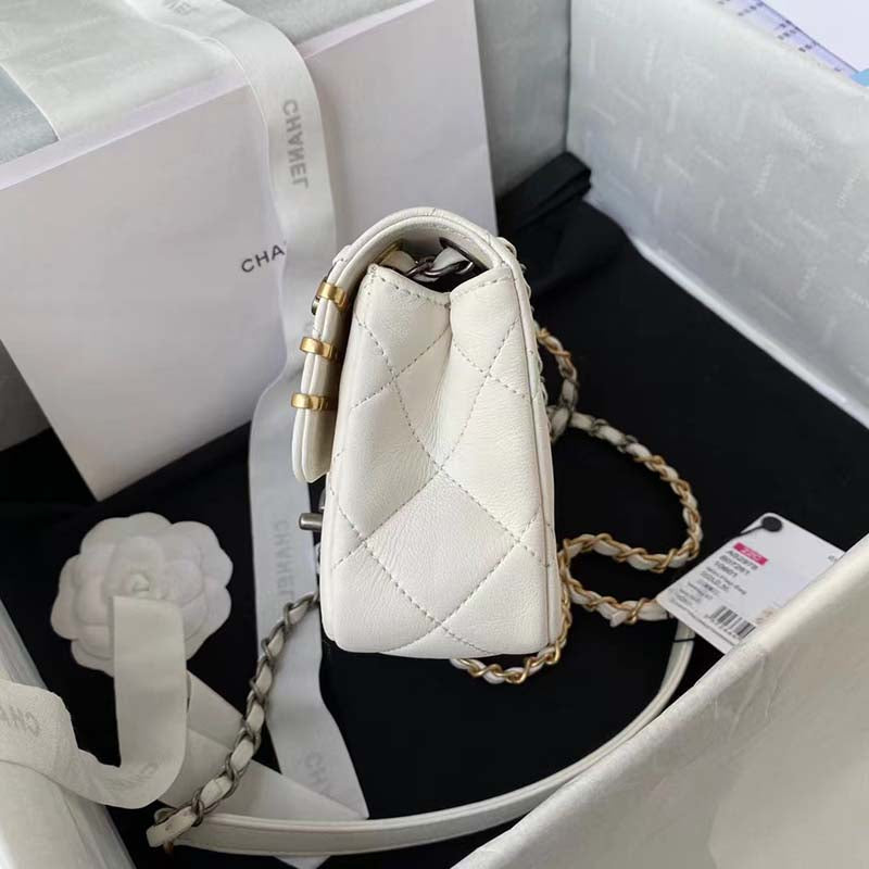 Chanel Women Mini Flap Bag Lambskin Glass Imitation Pearls Strass Gold Silver