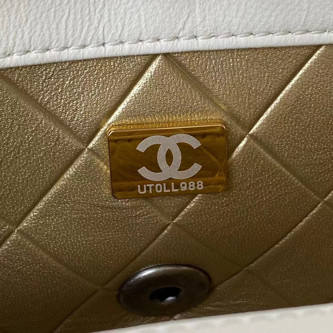 Chanel Women Mini Flap Bag Lambskin Glass Imitation Pearls Strass Gold Silver