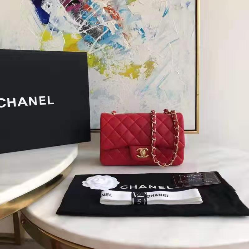 Chanel Women Mini Flap Bag in Lambskin Leather-Red