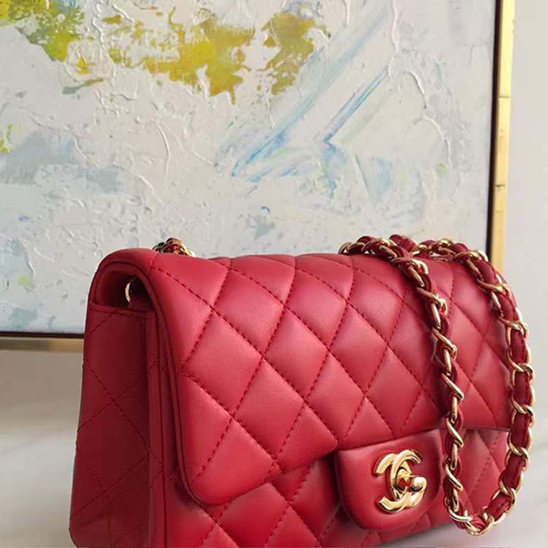 Chanel Women Mini Flap Bag in Lambskin Leather-Red