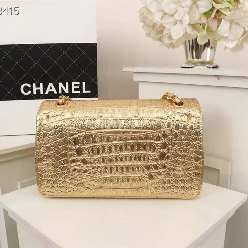 Chanel Women Mini Flap Bag in Metallic Crocodile Embossed Calfskin Leather-Gold