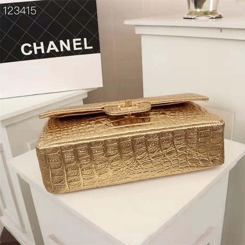 Chanel Women Mini Flap Bag in Metallic Crocodile Embossed Calfskin Leather-Gold