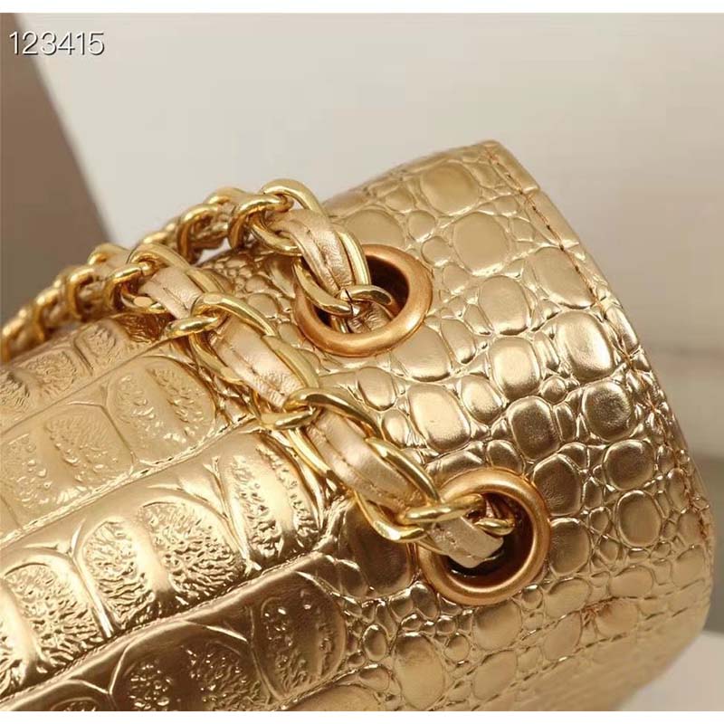 Chanel Women Mini Flap Bag in Metallic Crocodile Embossed Calfskin Leather-Gold