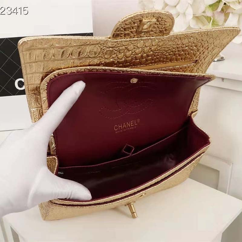 Chanel Women Mini Flap Bag in Metallic Crocodile Embossed Calfskin Leather-Gold