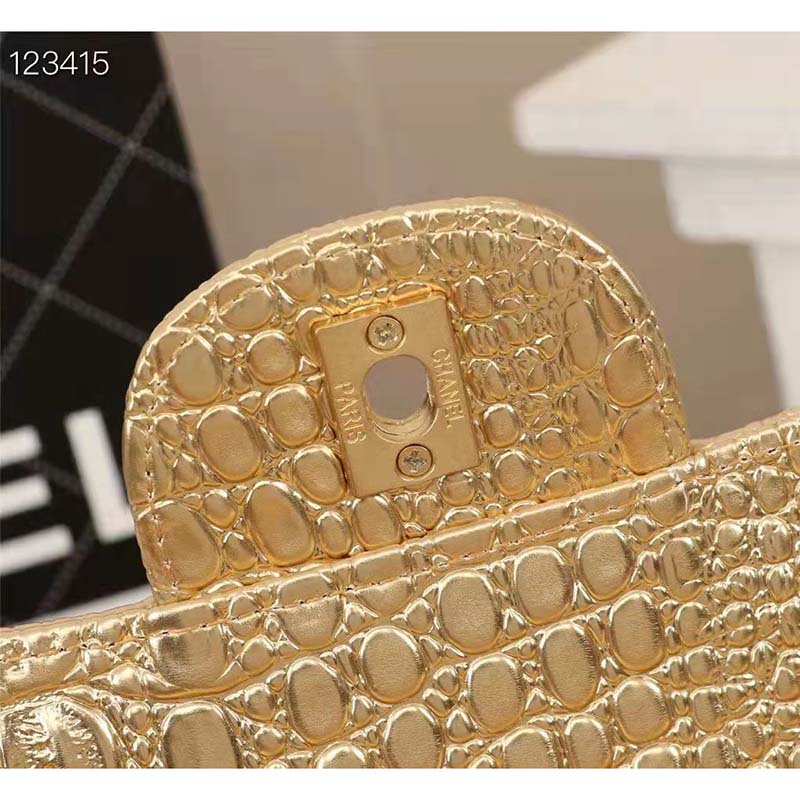 Chanel Women Mini Flap Bag in Metallic Crocodile Embossed Calfskin Leather-Gold