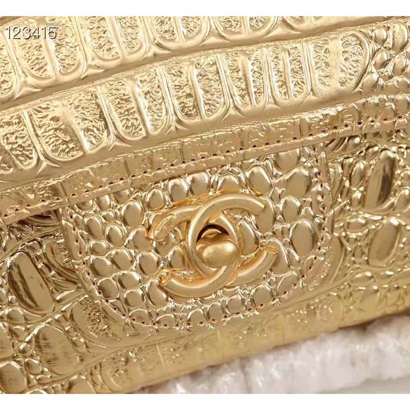 Chanel Women Mini Flap Bag in Metallic Crocodile Embossed Calfskin Leather-Gold