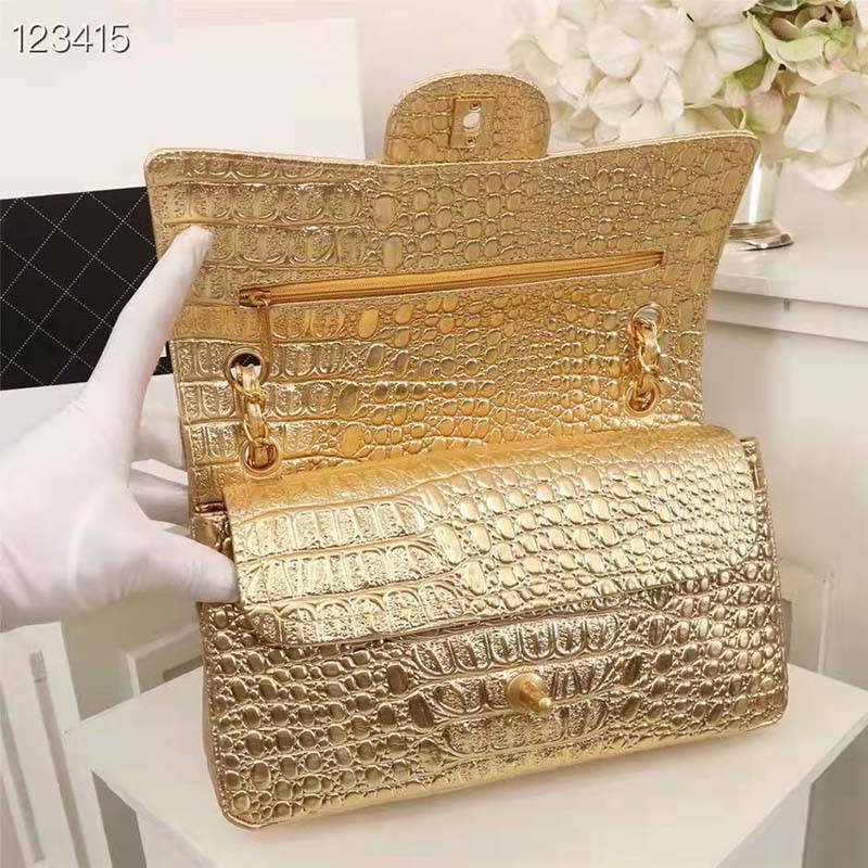 Chanel Women Mini Flap Bag in Metallic Crocodile Embossed Calfskin Leather-Gold