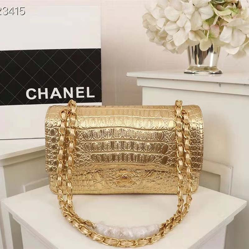 Chanel Women Mini Flap Bag in Metallic Crocodile Embossed Calfskin Leather-Gold