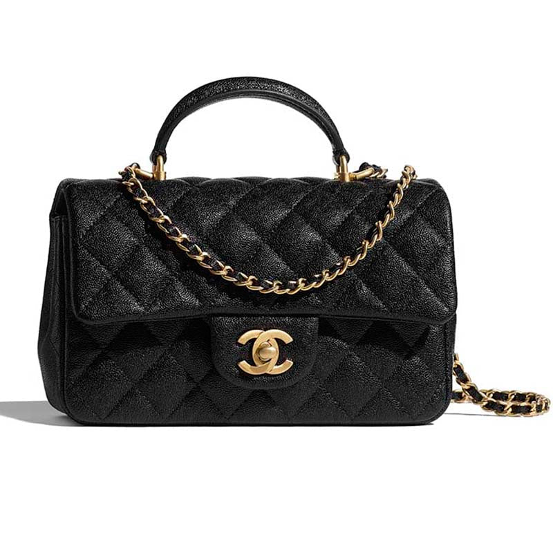 Chanel Women Mini Flap Bag with Top Handle Grained Calfskin Gold Tone Metal Black