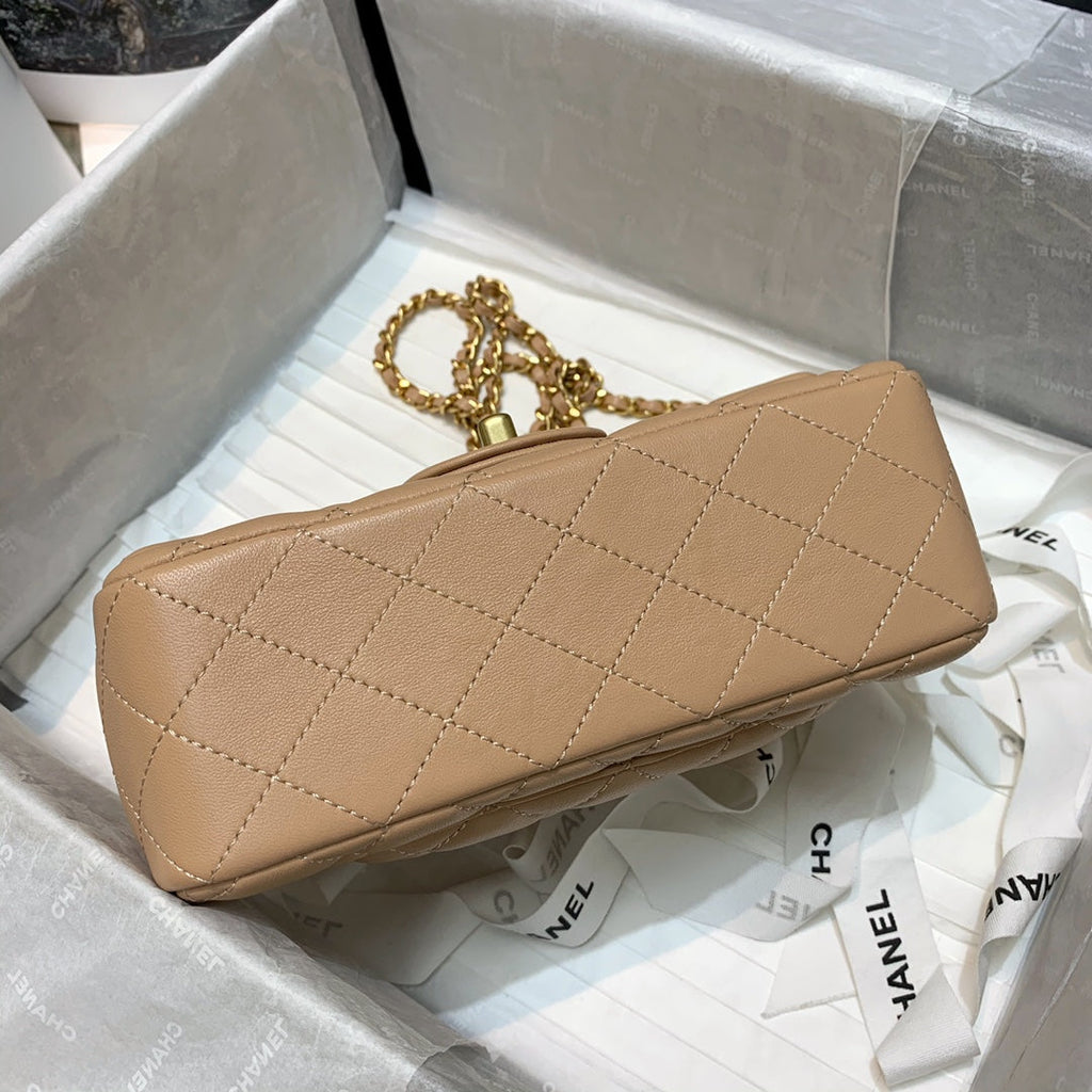 Chanel Women Mini Flap Bag with Top Handle Grained Calfskin Gold-Tone Metal Sandy