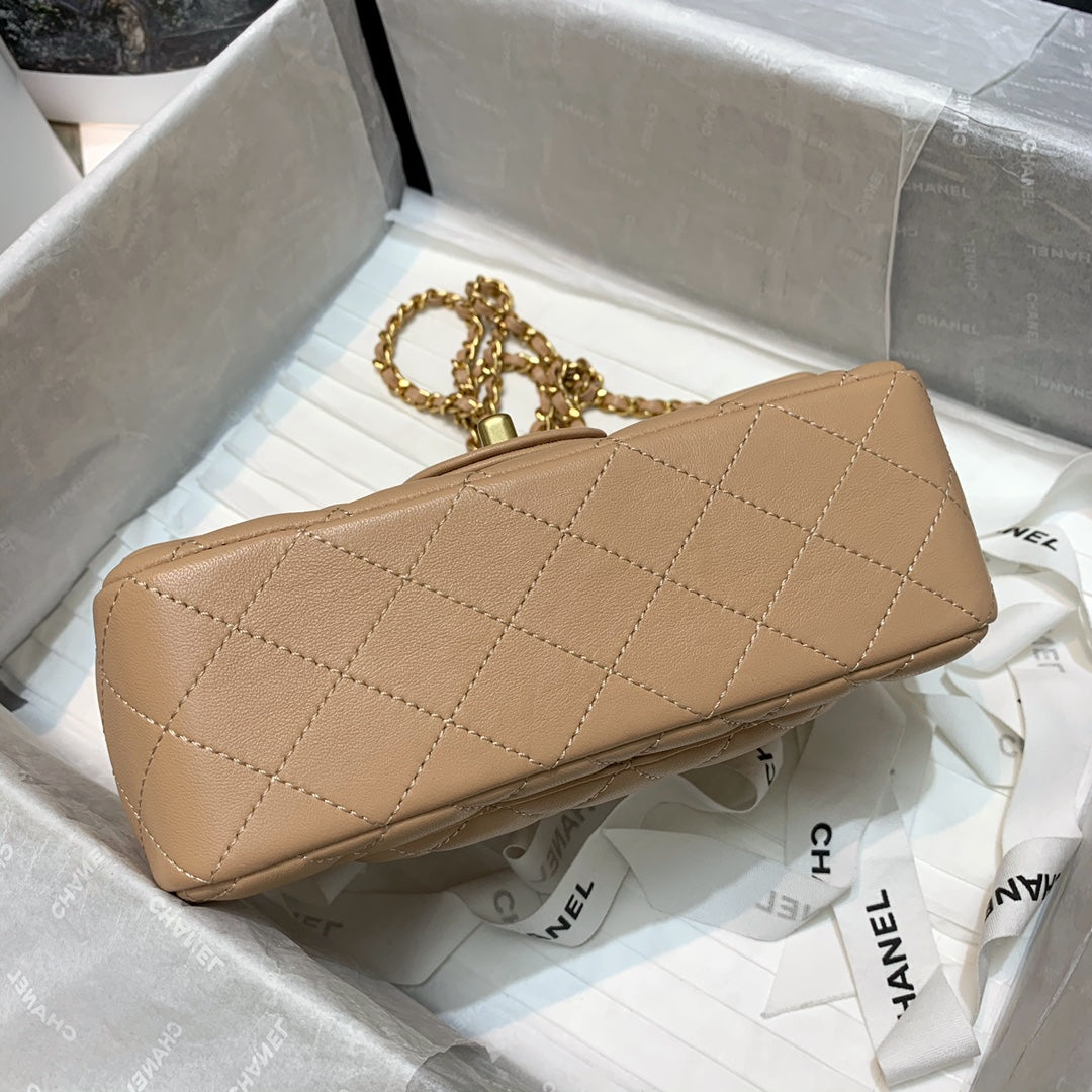 Chanel Women Mini Flap Bag with Top Handle Grained Calfskin Gold-Tone Metal Sandy