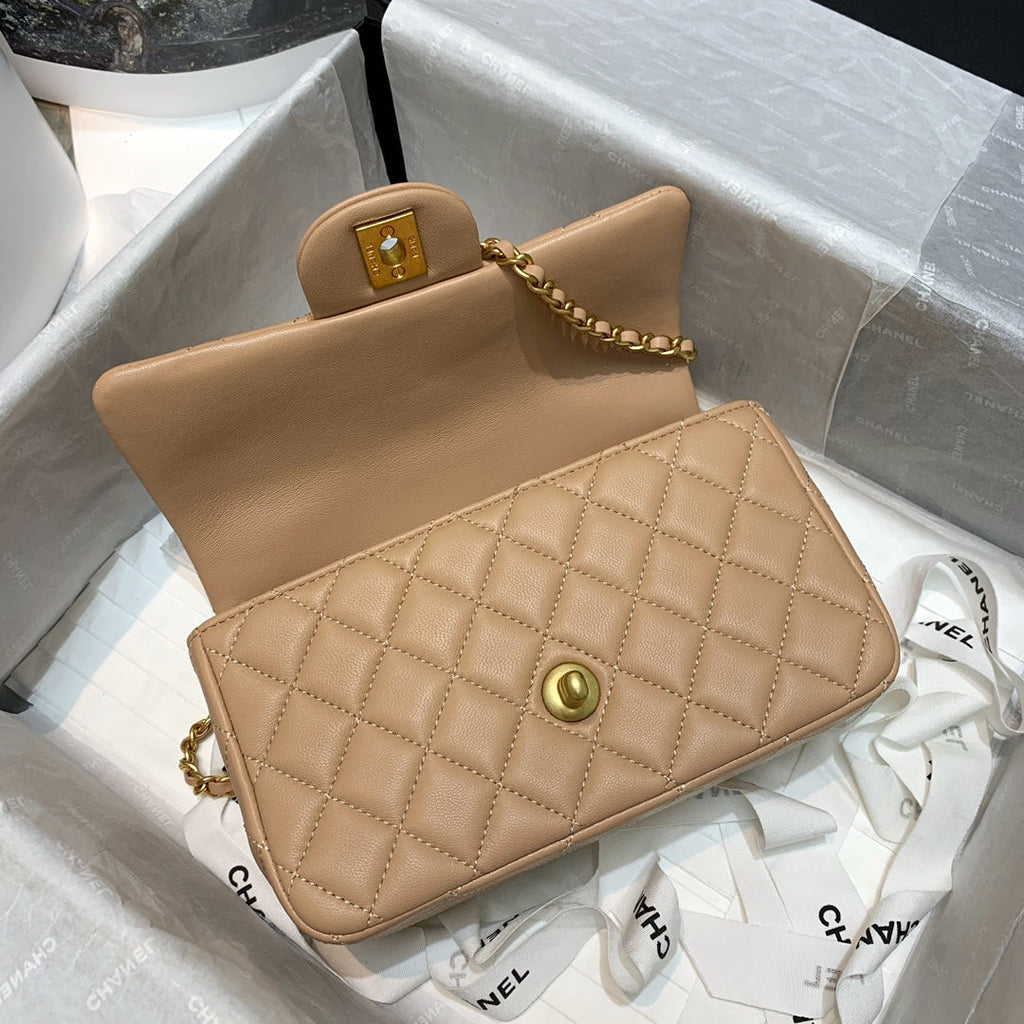 Chanel Women Mini Flap Bag with Top Handle Grained Calfskin Gold-Tone Metal Sandy