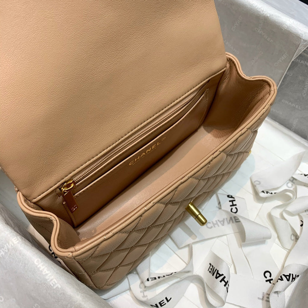 Chanel Women Mini Flap Bag with Top Handle Grained Calfskin Gold-Tone Metal Sandy