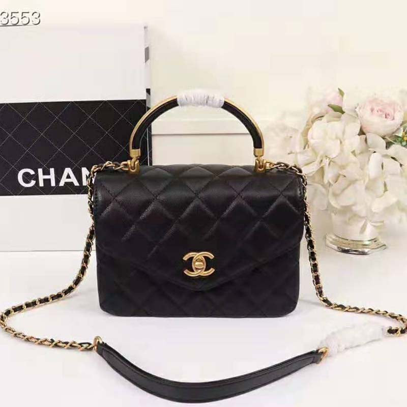 Chanel Women Organ Bag with Top Handle in Embossed Calfskin Leather-Black