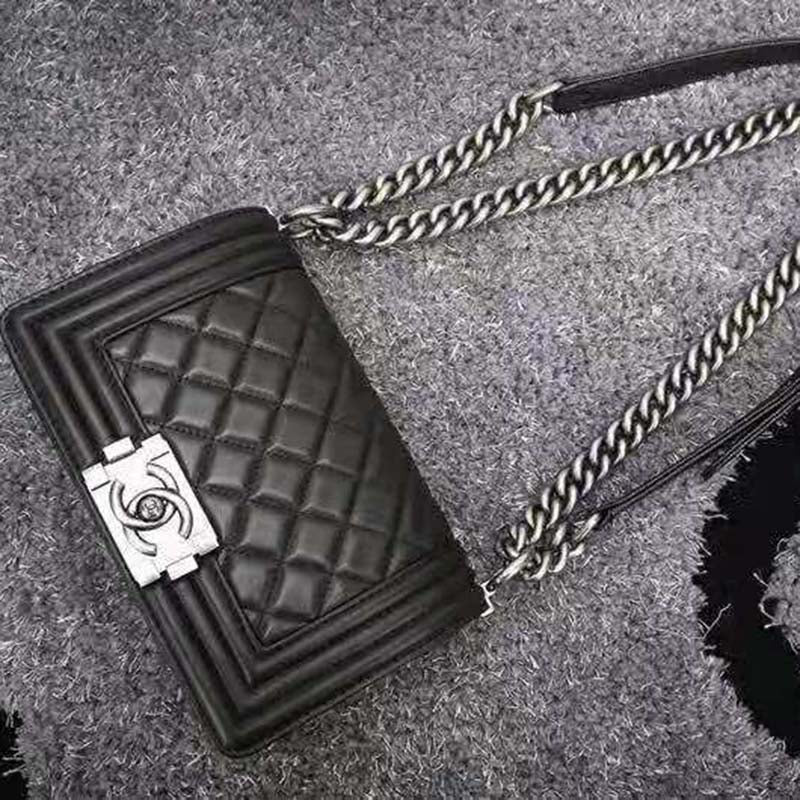 Chanel Women Small Boy Chanel Handbag in Calfskin Leather-Black