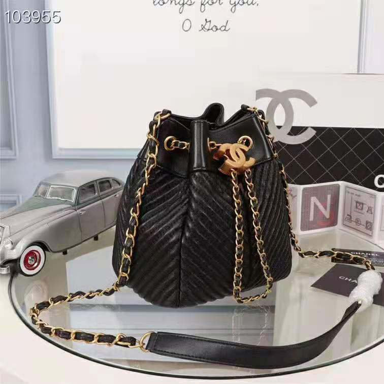 Chanel Women Drawstring Bag in Lambskin Leather-Black