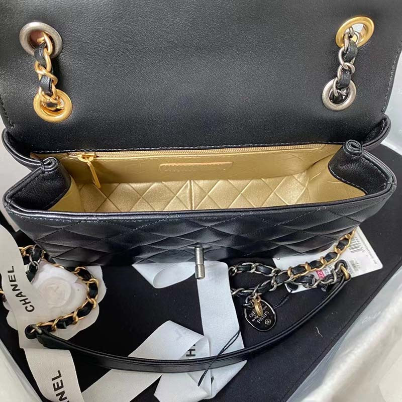 Chanel Women Small Flap Bag Black Lambskin Glass Pearls Strass Gold Silver