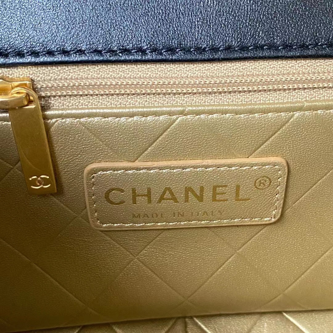 Chanel Women Small Flap Bag Black Lambskin Glass Pearls Strass Gold Silver