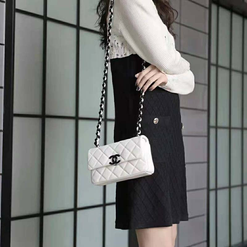 Chanel Women Small Flap Bag Grained Calfskin Lacquered Metal White Black