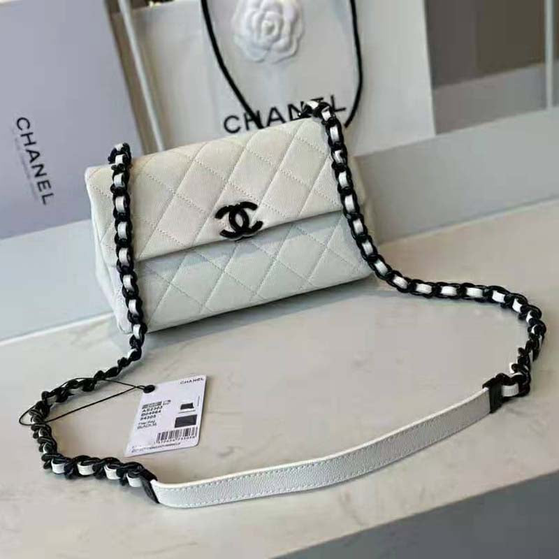 Chanel Women Small Flap Bag Grained Calfskin Lacquered Metal White Black