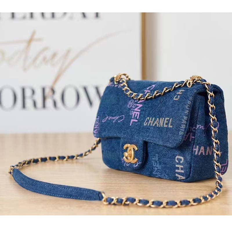 Chanel Women Small Flap Bag Printed Denim Gold-Tone Metal Blue Multicolor