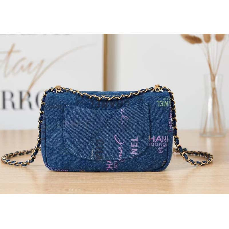 Chanel Women Small Flap Bag Printed Denim Gold-Tone Metal Blue Multicolor