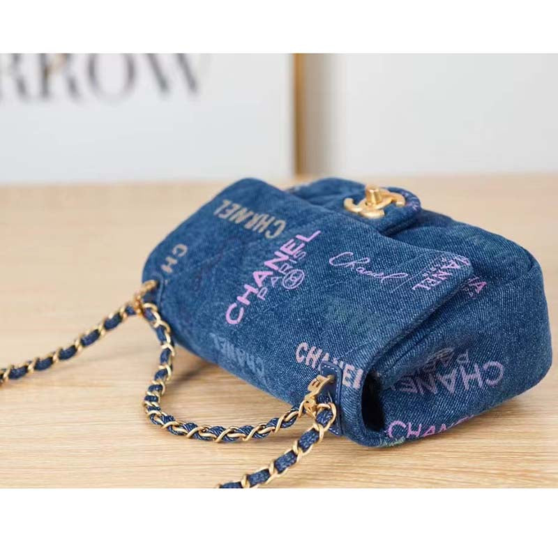 Chanel Women Small Flap Bag Printed Denim Gold-Tone Metal Blue Multicolor