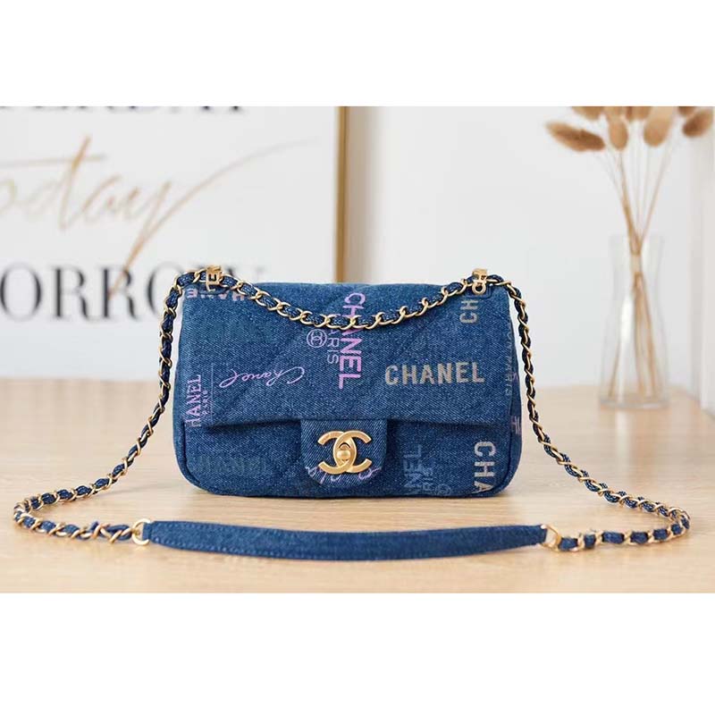 Chanel Women Small Flap Bag Printed Denim Gold-Tone Metal Blue Multicolor