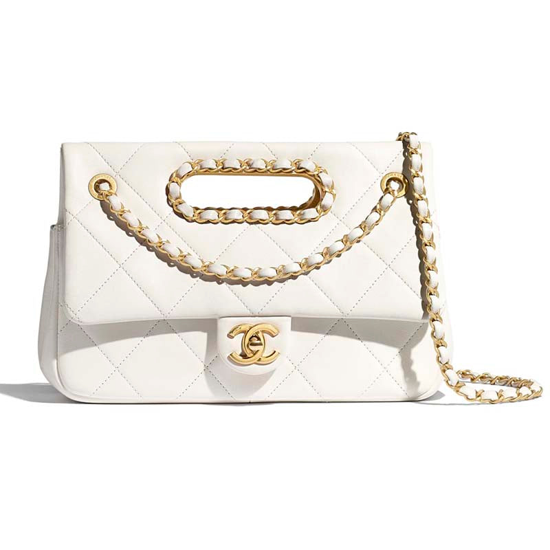 Chanel Women Small Flap Bag in Lambskin Leather-White