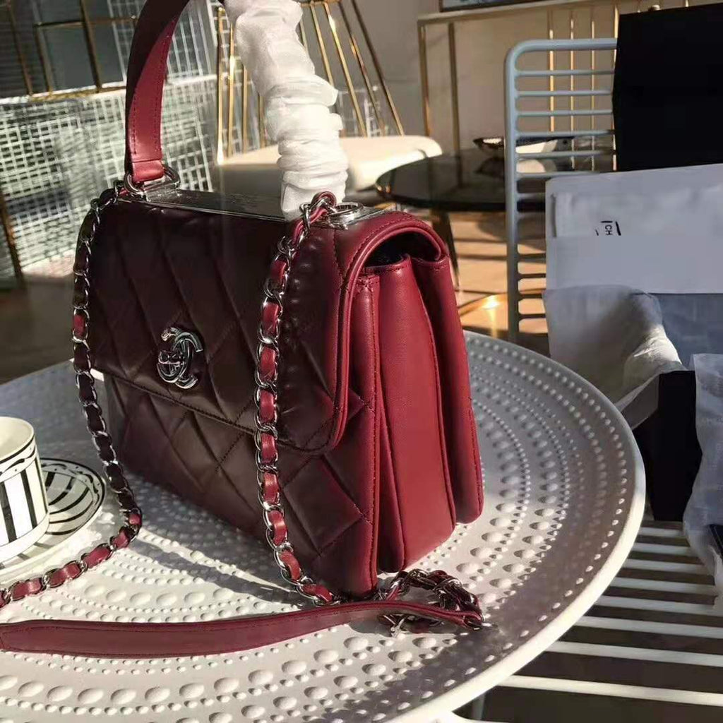 Chanel Women Small Flap Bag with Top Handle in Lambskin Leather-Maroon