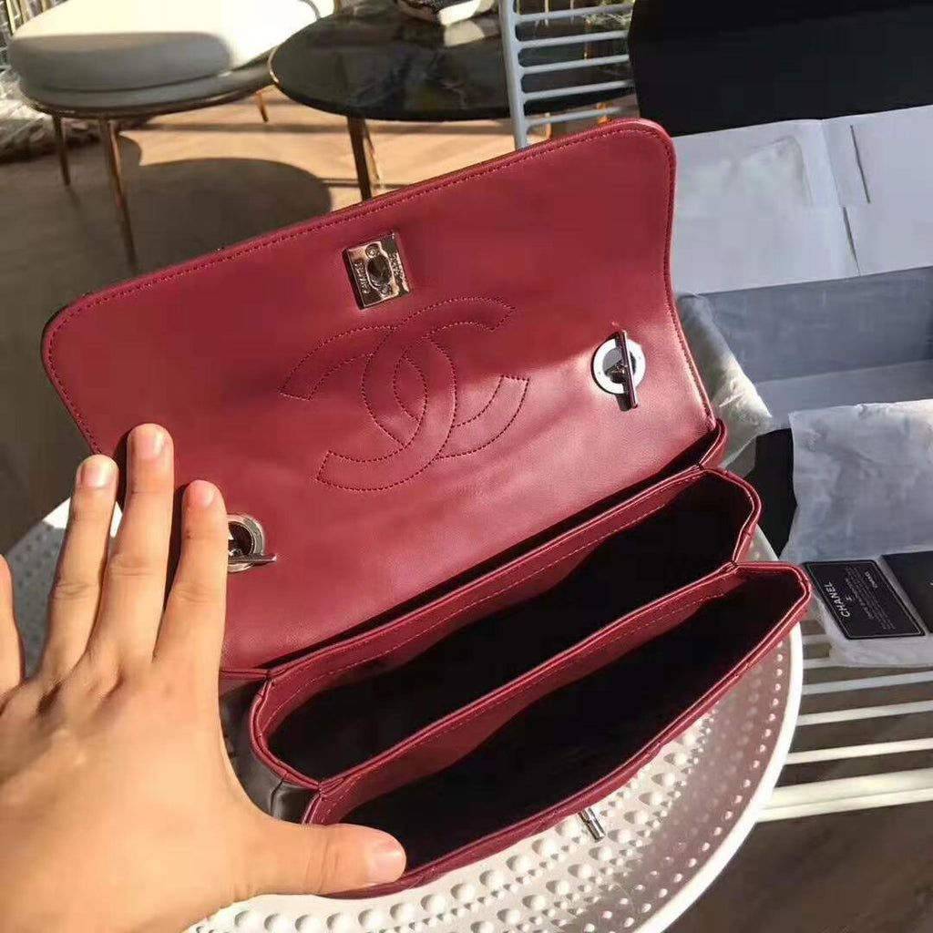Chanel Women Small Flap Bag with Top Handle in Lambskin Leather-Maroon