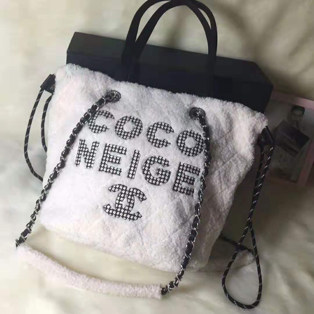 Chanel Women Small Shopping Bag in Shearling Sheepskin Leather-White