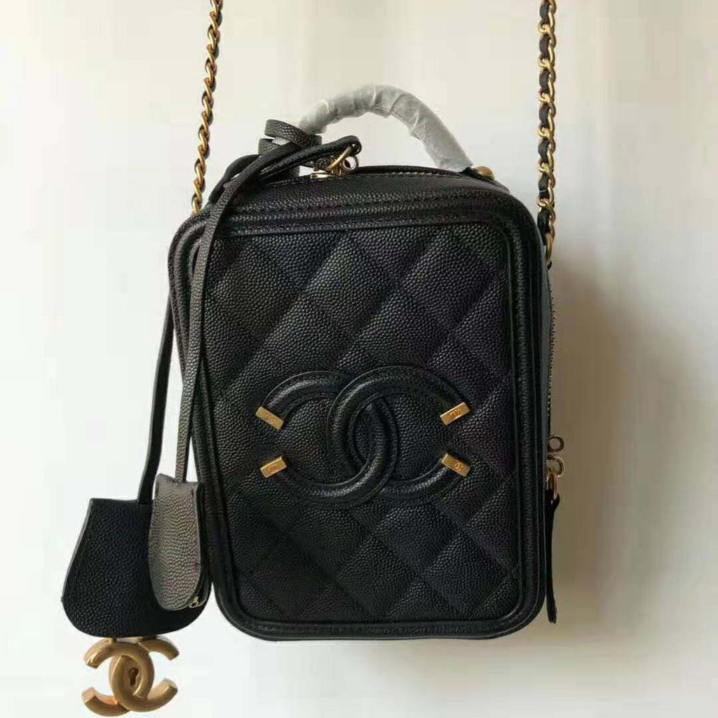 Chanel Women Vanity Case in Grained Calfskin Leather-Black