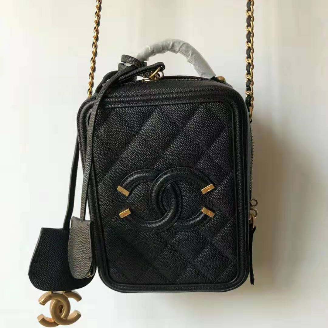 Chanel Women Vanity Case in Grained Calfskin Leather-Black