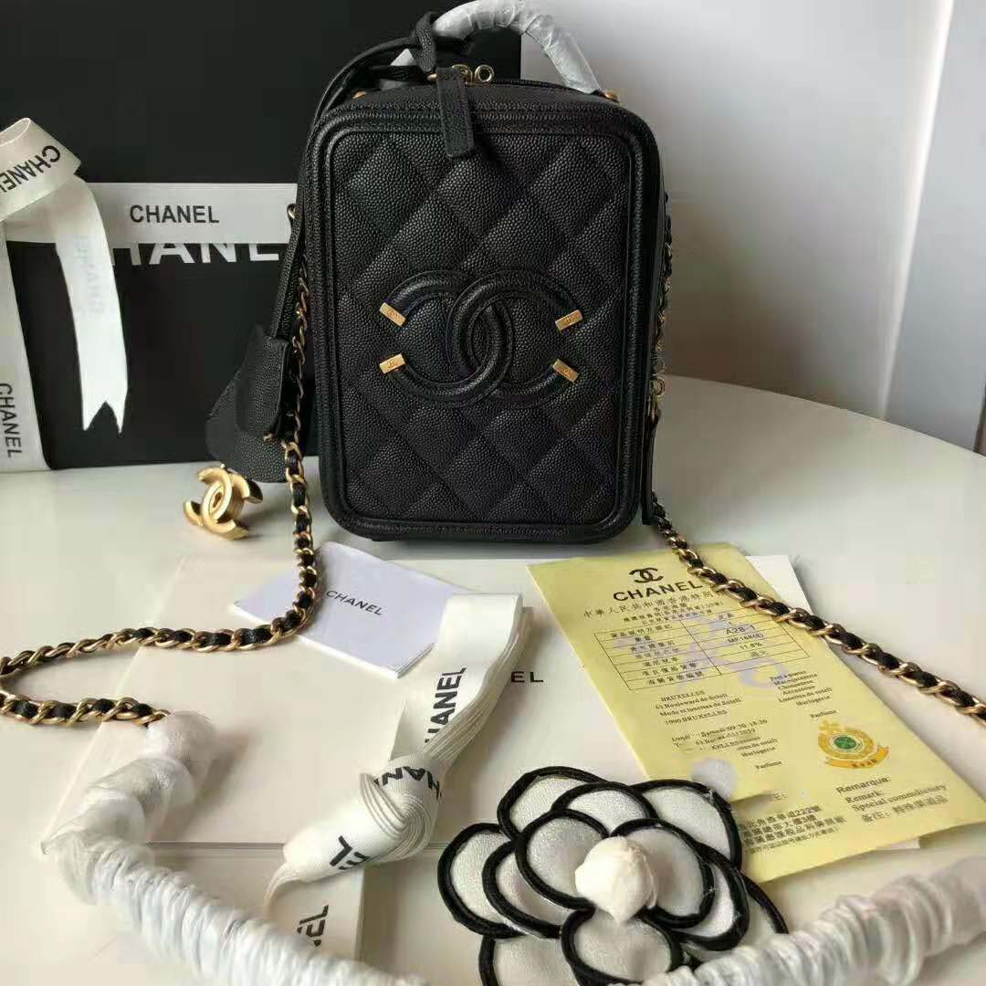 Chanel Women Vanity Case in Grained Calfskin Leather-Black