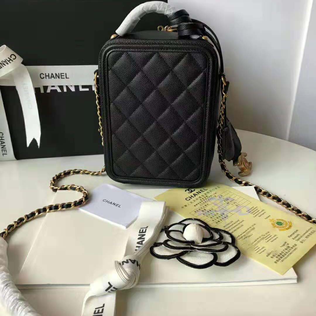 Chanel Women Vanity Case in Grained Calfskin Leather-Black