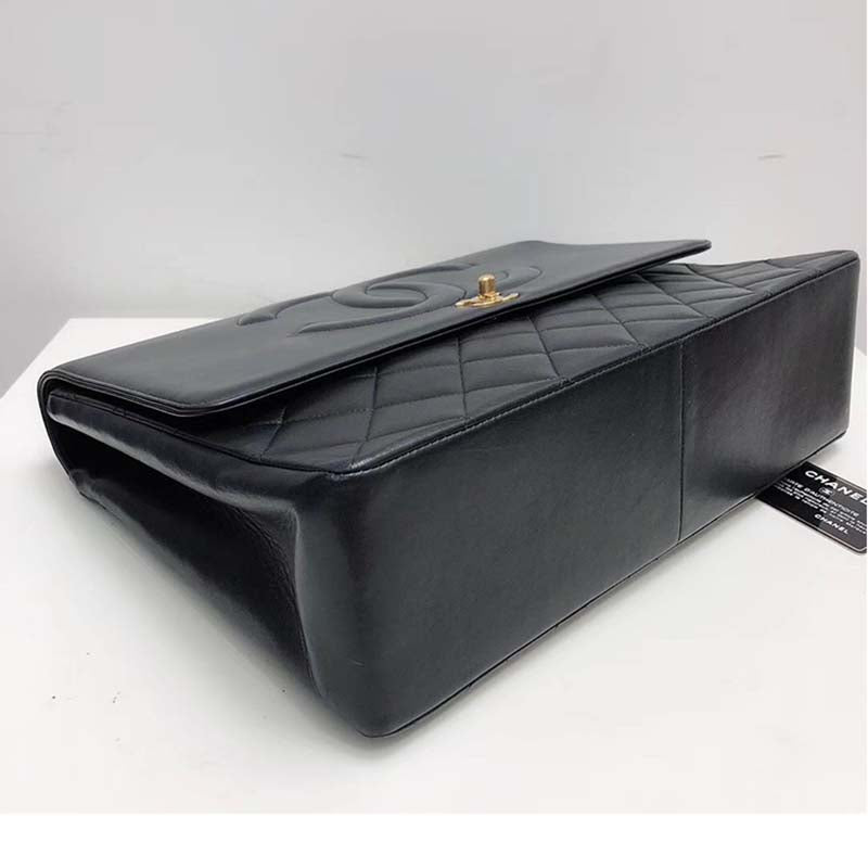 Chanel Women Vintage Maxi Flap Bag in Goatskin Leather-Black
