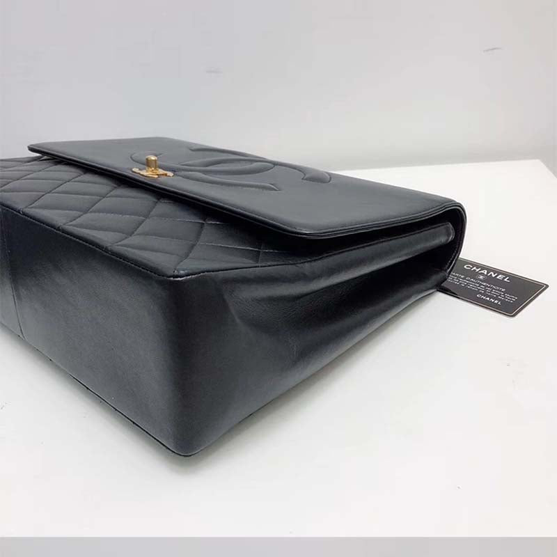 Chanel Women Vintage Maxi Flap Bag in Goatskin Leather-Black