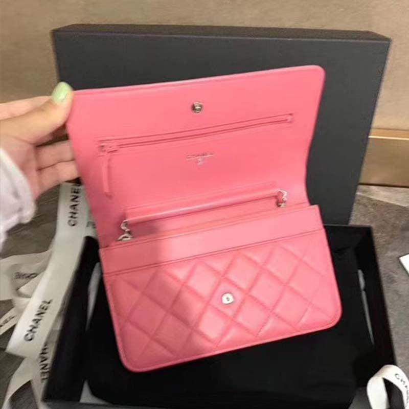 Chanel Women Wallet On Chain Flap Bag in Goatskin Leather-Pink