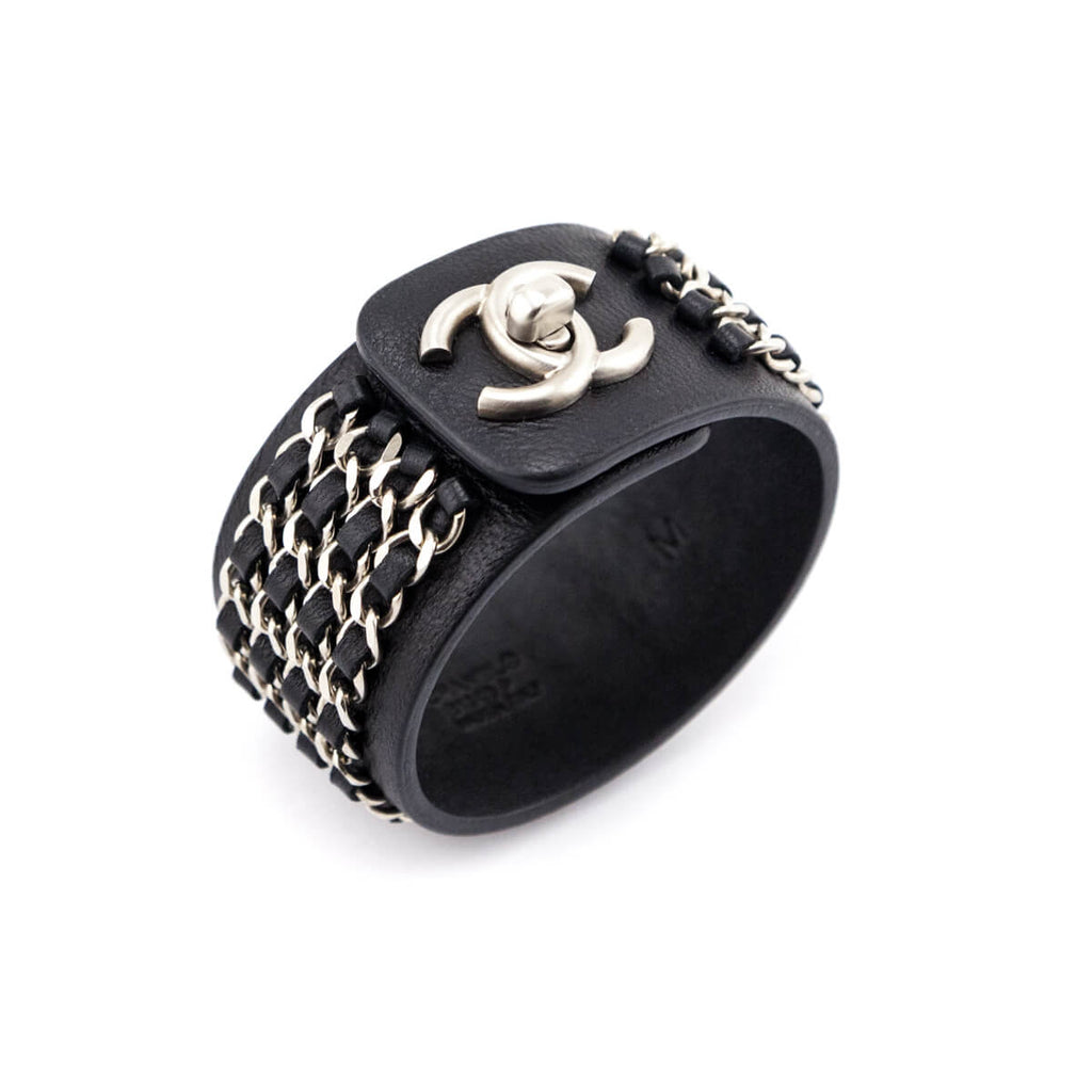 Chanel Black Leather Chain Turnlock CC Bracelet