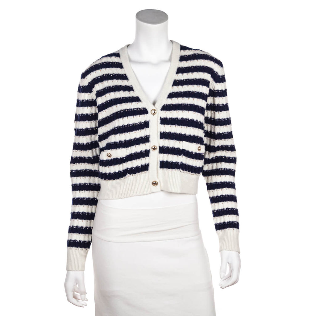 Chanel Blue & White Striped Cashmere Cardigan Size M | FR 40