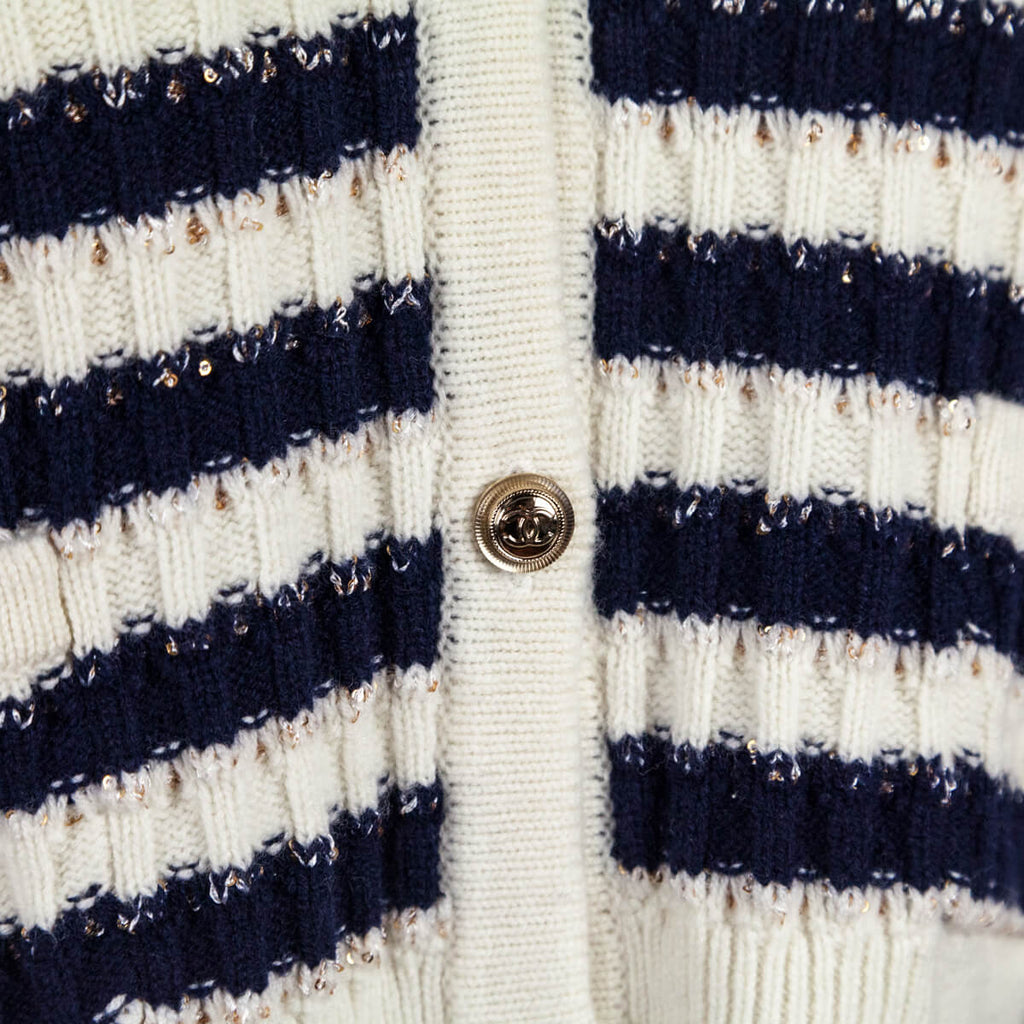 Chanel Blue & White Striped Cashmere Cardigan Size M | FR 40