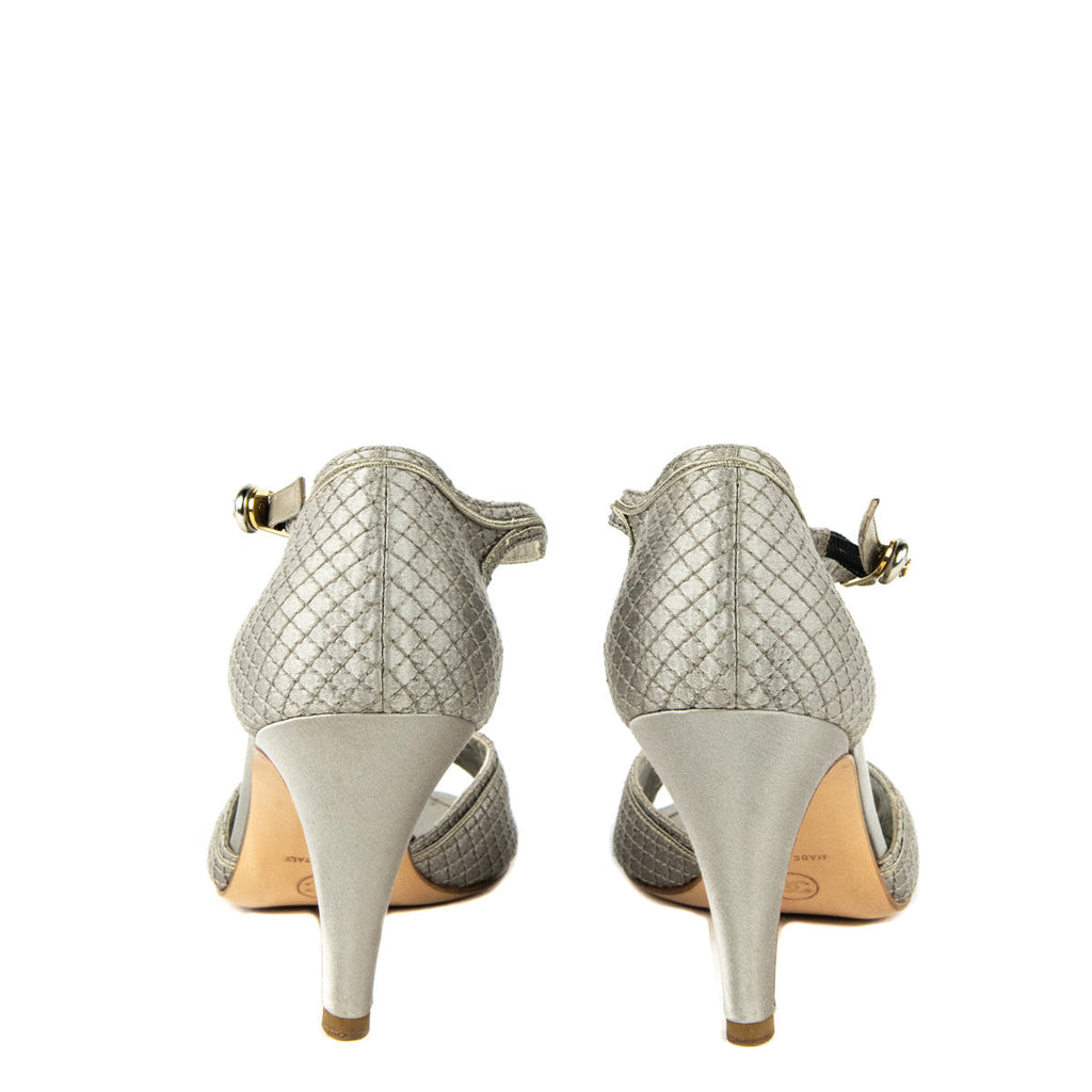 Chanel Gray Quilted Satin Peep-Toe Pumps Size 9 | EU 39