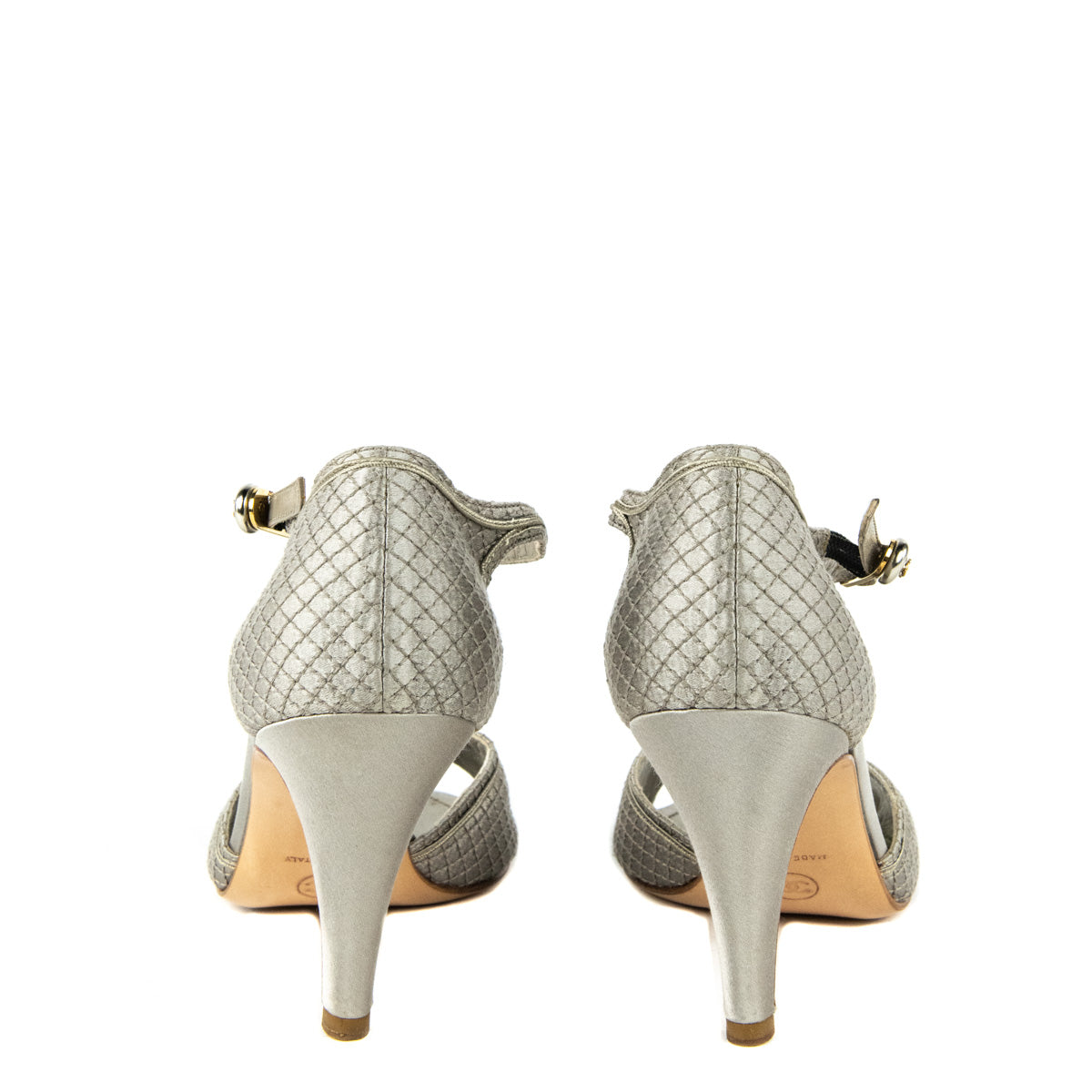 Chanel Gray Quilted Satin Peep-Toe Pumps Size 9 | EU 39